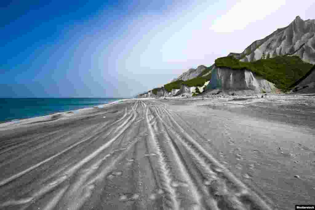 White pumice rocks at the seaside. Kuril Islands.