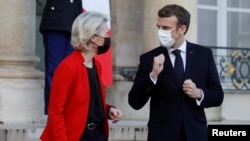 French President Macron welcomes EU Commission President van der Leyen at the Elysee Palace in Paris